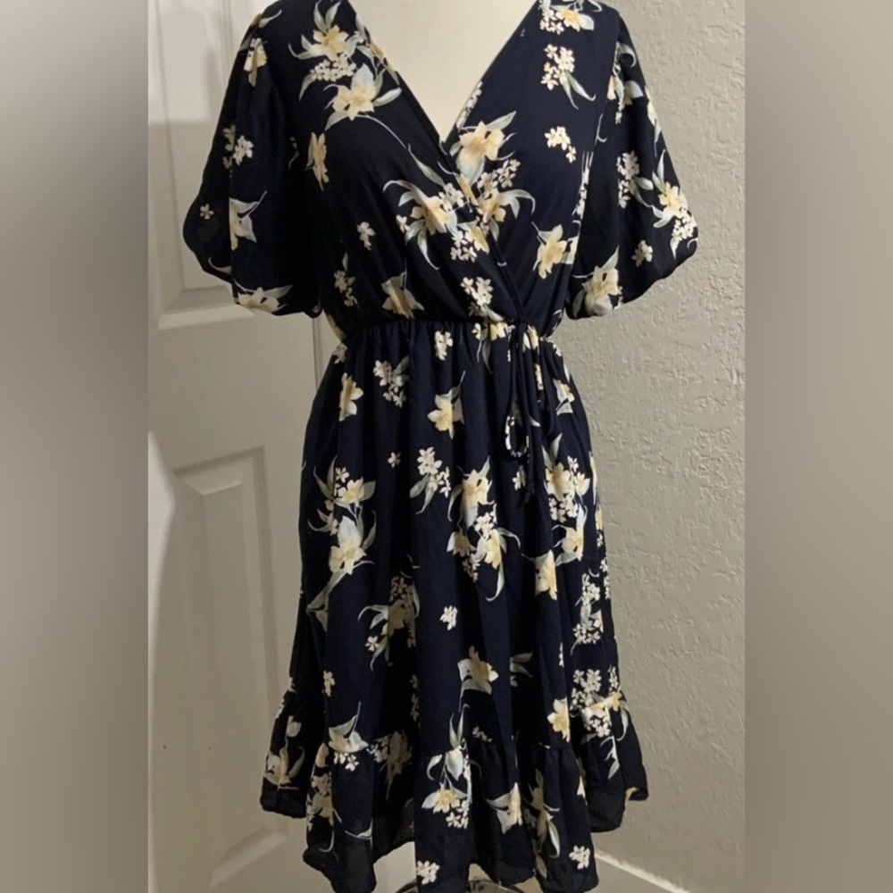 Navy Ruffled Wrap Midi Sundress